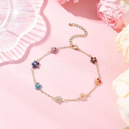 Chakra 304 Stainless Steel & Brass & Natural Green Aventurinee/Garnet/Amethyst/Apatite/Gold Rutilated Quartz/Carnelian/Lapis Lazuli Bead Flower Link Chain Anklets for Women AJEW-AN00692-1