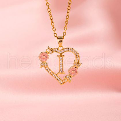 Brass Crystal Rhinestone Hollow Rose Heart with Letter Pendant Necklaces for Women WGC1928-09-1