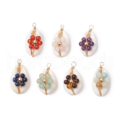 7Pcs 7 Styles Natural Stone Beaded Flower Copper Wire Wrapped Natural Cowrie Shell Pendants PALLOY-JF03440-01-1