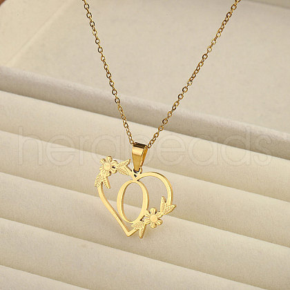 201 Stainless Steel Flower Heart Initial Pendant Necklaces for Women FS-WG08285-13-1