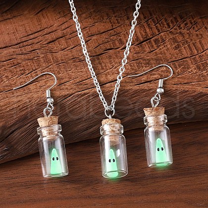 Halloween Luminous Ghost Glass Drift Bottle Pendant Necklaces & Dangle Earrings Sets FS-WG90D60-01-1