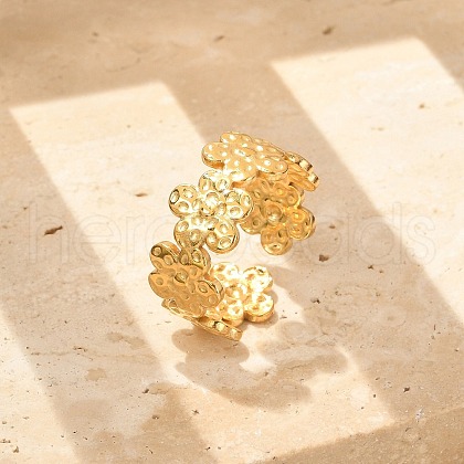 Flower 304 Stainless Stee Open Cuff Rings for Women RJEW-Q006-03D-G-1