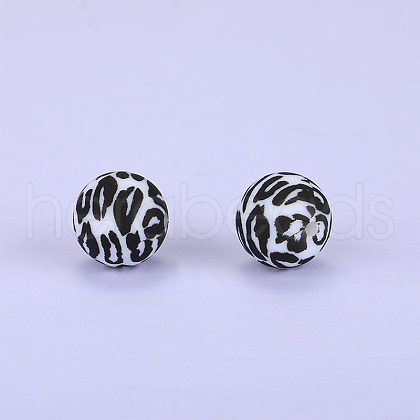 Printed Round with Leopard Print Pattern Silicone Focal Beads SI-JX0056A-03-1