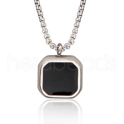 304 Stainless Steel & Black Resin Square Pendant Necklaces for Men FS-WG8D101-01-1