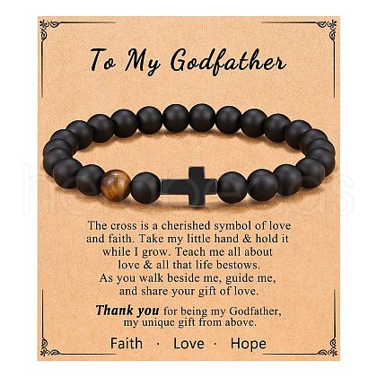 Cross Natural Tiger Eye & Frosted Black Obsidian Round Beads Stretch Bracelets for Men Women WG92FBF-07-1