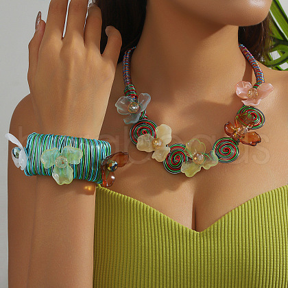 Flower Alloy & Aluminium & Resin Bib Necklaces & Cuff Bangles Sets FS-WG80D75-03-1