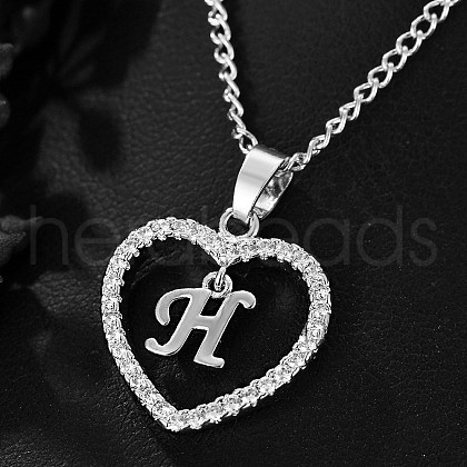 Brass Micro Pave Clear Cubic Zirconia Hollow Heart with Initial Pendant Necklaces WG4069A-13-1