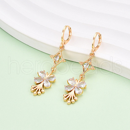 Flower Brass Micro Pave Cubic Zirconia Dangle Leverback Earrings EJEW-N058-13G-1