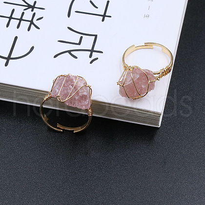 Nuggets Alloy Wire Wrapped Natural Strawberry Quartz Cuff Rings FS-WGA7830-07-1