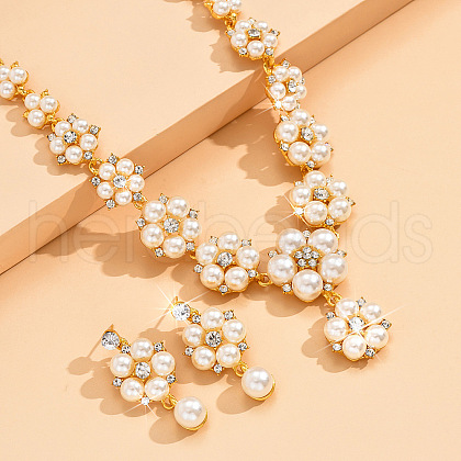 Flower Alloy Crystal Rhinestone & Plastic Pearl Link Chain Necklaces & Stud Dangle Earrings Sets FS-WGC22CC-01-1