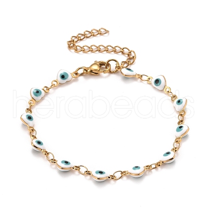 Enamel Heart with Evil Eye Link Chains Bracelet BJEW-P271-07G-02-1