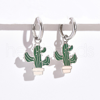Fashionable Summer Beach 925 Sterling Silver Enamel Cactus Dangle Hoop Earrings Women's Vacation Gift XT7653-1