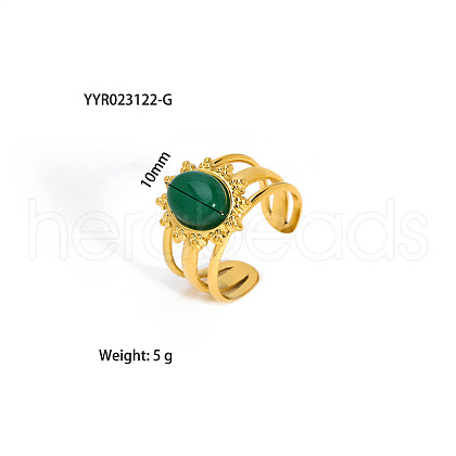 Vintage Adjustable Stainless Steel & Natural Green Stone Flower Cuff Rings for Women JA1353-4-1