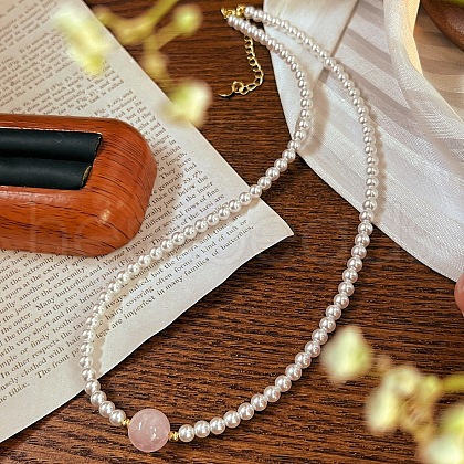 Round Imitation Pearl & Natural Rose Quartz Beaded Necklaces for Women and Girls DW1725-1