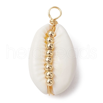 5Pcs Natural Cowrie Shell Copper Wire Wrapped Pendants PALLOY-JF02277-01A-1