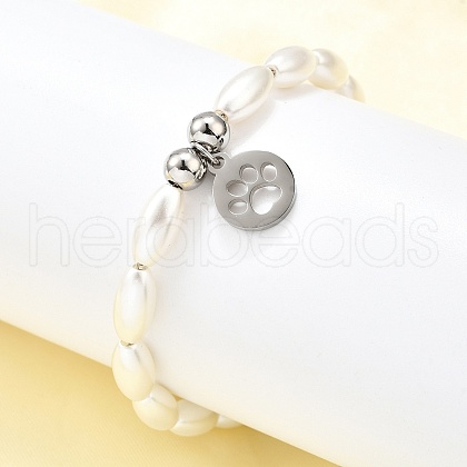 304 Stainless Steel Flat Round with Paw Print Charm Bracelets for Women BJEW-C098-11P-1
