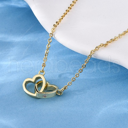 Interlocking Heart Brass Micro Pave Clear Cubic Zirconia Pendant Necklaces for Women NJEW-M103-01G-1