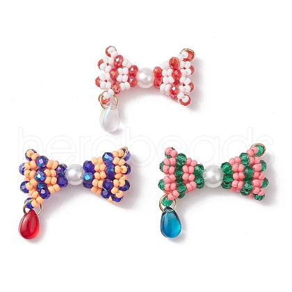 3Pcs 3 Colors Glass Seed Beaded Bowknot Pendants PALLOY-MZ00553-1