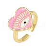 Pink Color Enamel Heart with Eye Open Cuff Ring RJEW-F135-08G-4