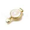 Brass Pave Natural White Shell Flat Round with Heart Pendants KK-C090-37G-05-3