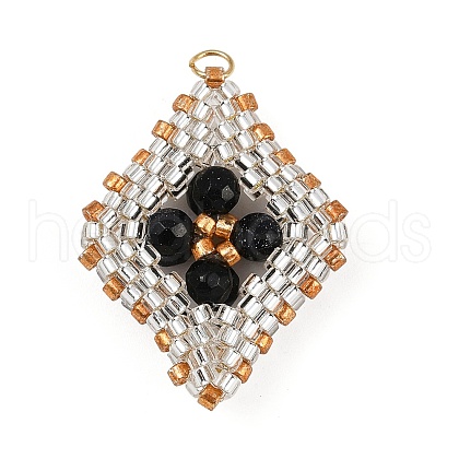 Faceted Round Synthetic Blue Goldstone & Handmade Glass Seed Beaded  Pendants PALLOY-MZ00757-01-1