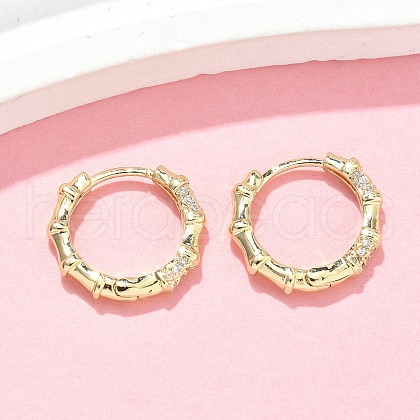 Bamboo Brass Micro Pave Clear Cubic Zirconia Hoop Earrings EJEW-Z102-05G-1