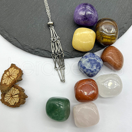 Mixed Gemstone Nuggets Macrame Pouch Pendant 201 Stainless Steel Chain Necklaces FS-WG7A779-10-1