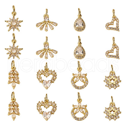 16Pcs 8 Style Rack Plating Brass Pave Cubic Zirconia Pendants KK-TA0001-44-1