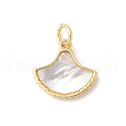 Brass Pave Natural White Shell Fan Charms with Jump Rings KK-S522-17G-1
