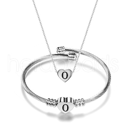 Heart with Letter Pattern 304 Stainless Steel Cuff Bangle & Pendant Necklace FS-WGA0158-15-1