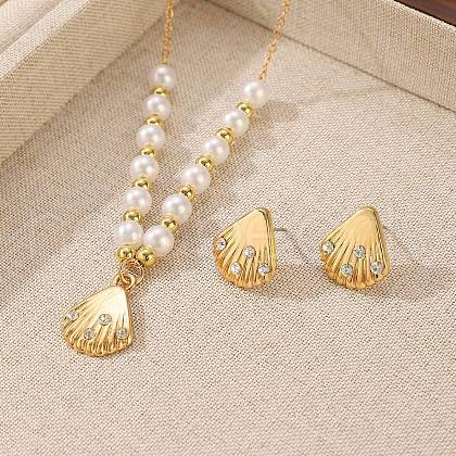 Shell Shape Alloy & Plastic Pearl & Crystal Rhinestone Pendant Necklace & Stud Dangle Earring FS-WG40A88-02-1
