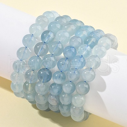 Natural Aquamarine Round Bead Stretch Bracelets for Men Women BJEW-U034-01A-03-1