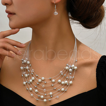 Bohemian Ethnic Style Alloy & Plastic Pearl & Glass Round Beaded Multilayer Necklaces & Dangle Earrings Sets FS-WG56E61-04-1