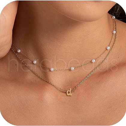 2Pcs 304 Stainless Steel & White Plastic Imitation Pearl Letter Pendant Double Layer Necklaces FS-WG86091-04-1