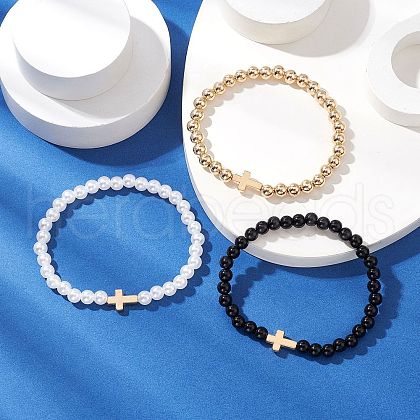 3Pcs 3 Styles CCB Plastic Beads & Opaque Acrylic Beads & ABS Plastic Imitation Pearl Round Beads Stretch Bracelet Set BJEW-JB11605-1