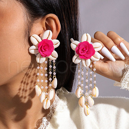Flower Alloy Natural Shell Tassel Stud Earrings FS-WGFCFD0-02-1