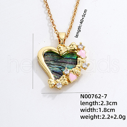 Fashionable Brass Pave Natural Paua Shell & Clear Cubic Zirconia Pendant Necklaces for Daily Parties QO9830-4-1