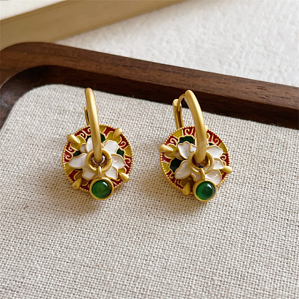 Flat Round with Lotus Brass Enamel Hoop Earrings FS-WG35DC8-01-1