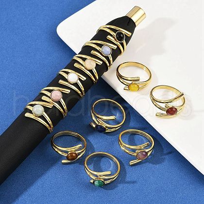 316 Stainless Steel with Natural Mixed Gemstone Cuff Rings RJEW-Z098-01G-10-1