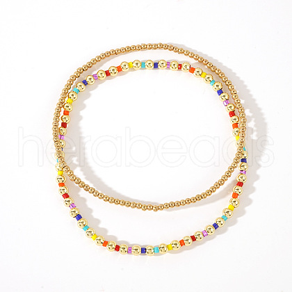 2Pcs Fashionable Brass & Seed Beads Beaded Stretch Bracelet Sets for Women ZD1327-3-1