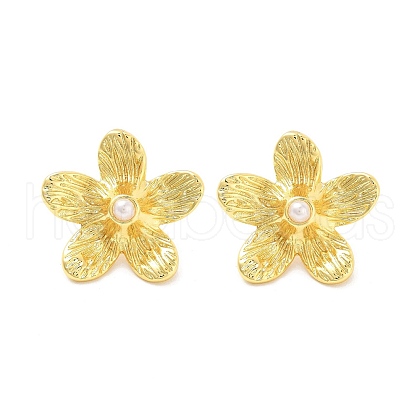 Rack Plating Flower Brass ABS Imitation Pearl Stud Earrings EJEW-M029-03G-1