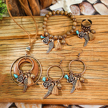 Alloy & Wood & Synthetic Turquoise Jewelry Sets FS-WGA22DA-02-1