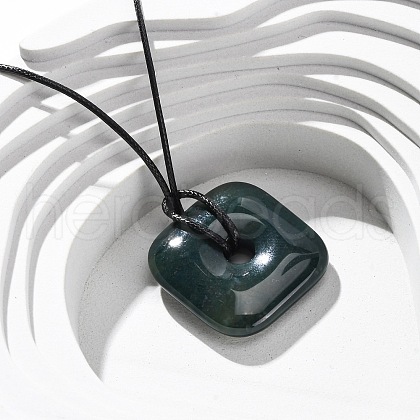 Natural Indian Agate Square Pendants Black PU Leather Cord Necklaces NJEW-K285-01E-1