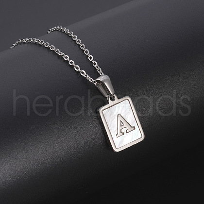 Rectangle Stainless Steel Pave Natural White Shell Pendant Necklaces FS-WG3D812-01-1