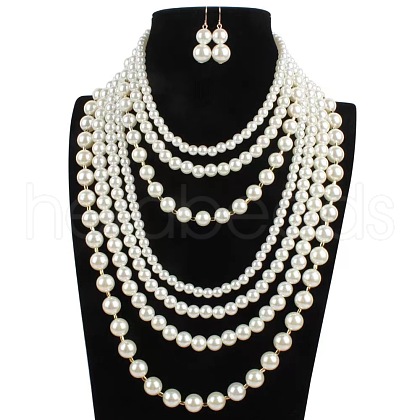 Plastic Pearl Round Beaded Multilayer Necklaces & Dangle Earrings Sets FS-WG7C7AA-03-1