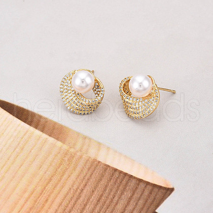 Brass Micro Pave Cubic Zirconia and ABS Imitation Pearl Stud Earrings KK-T074-48G-1