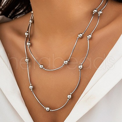 CCB Round Beads Charm Layered Necklaces NJEW-K261-07P-1