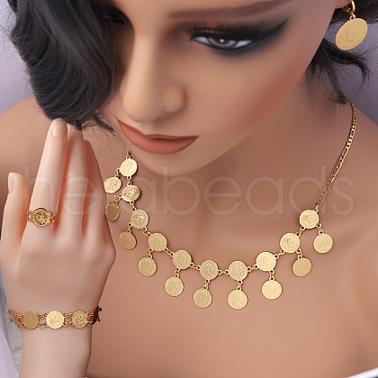 Islamic Coin Brass Pendant Necklace & Hoop Earrings & Link Bracelets & Rings Sets FS-WG3A3B8-01-1