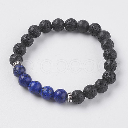 Natural Lava Rock and Natural Lapis Lazuli Beads Stretch Bracelets BJEW-E326-10B-1
