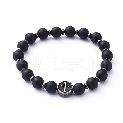 Natural Black Agate Beads Stretch Bracelets X-BJEW-JB05233-1